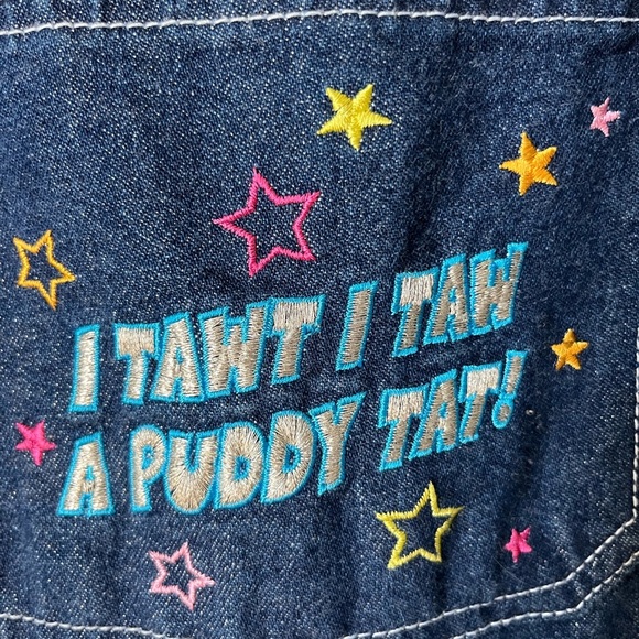 Vintage Y2K Kids Size 12 Looney Tunes Tweety Bird Blue Glitter Denim Overalls - Picture 7 of 10